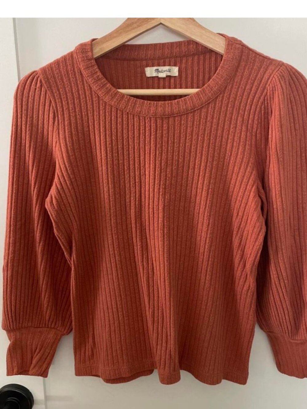Madewell Top in Terracotta color ribbed knit top with Puff Sleeves